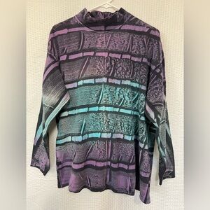 Vintage Men’s Long Sleeve Graphic Print T-Shirt Purple Black Teal Cotton